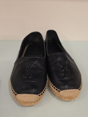 Saint Laurent Black Leather Espadrille Slip-Ons with Woven Toe